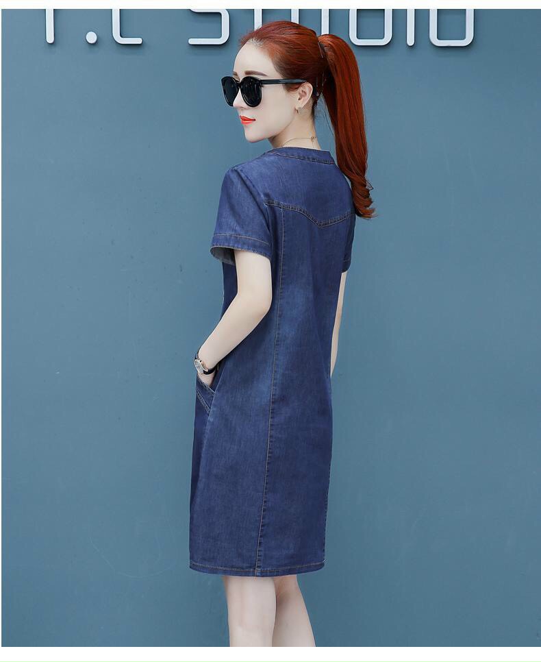 ĐẦM JEAN SUÔNG CỔ TRỤ TÚI XÉO